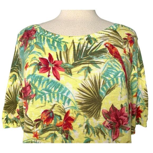 Talbots Sz L Tropical Aloha Floral Parrot Print Pullover Cotton Knit Tee Top - Picture 2 of 6
